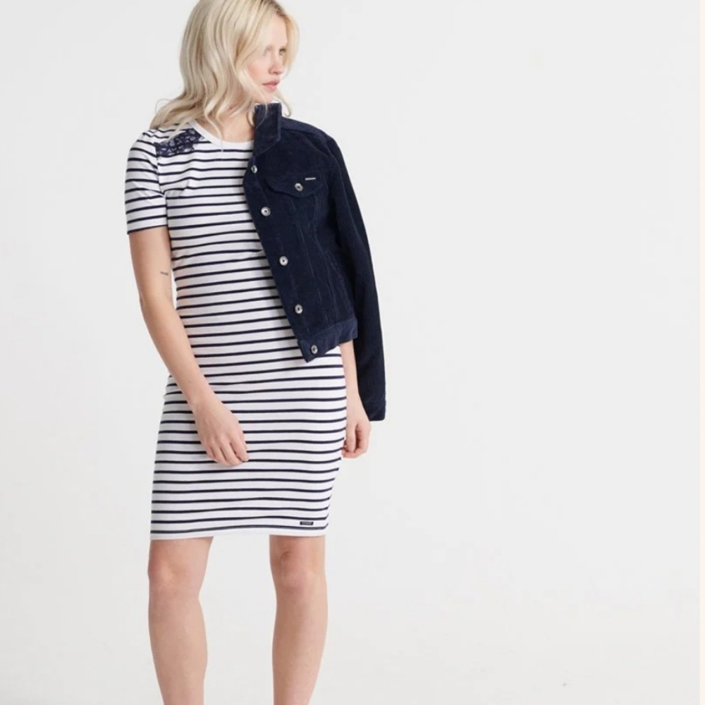 SuperDry Nautical Striped White Blue Mini Dress Sz 4 Cotton Blend